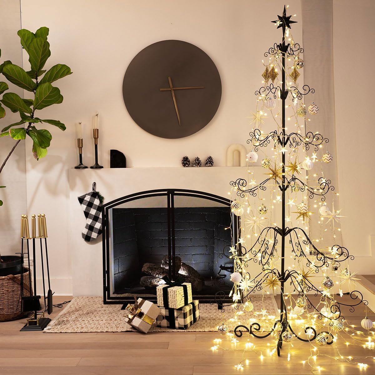 Barton 6.4ft Christmas Metal Ornament Tree - Features Hooks for Ornaments Small Craft Items Wrought Iron Ornament Display Easy Assembly, Black