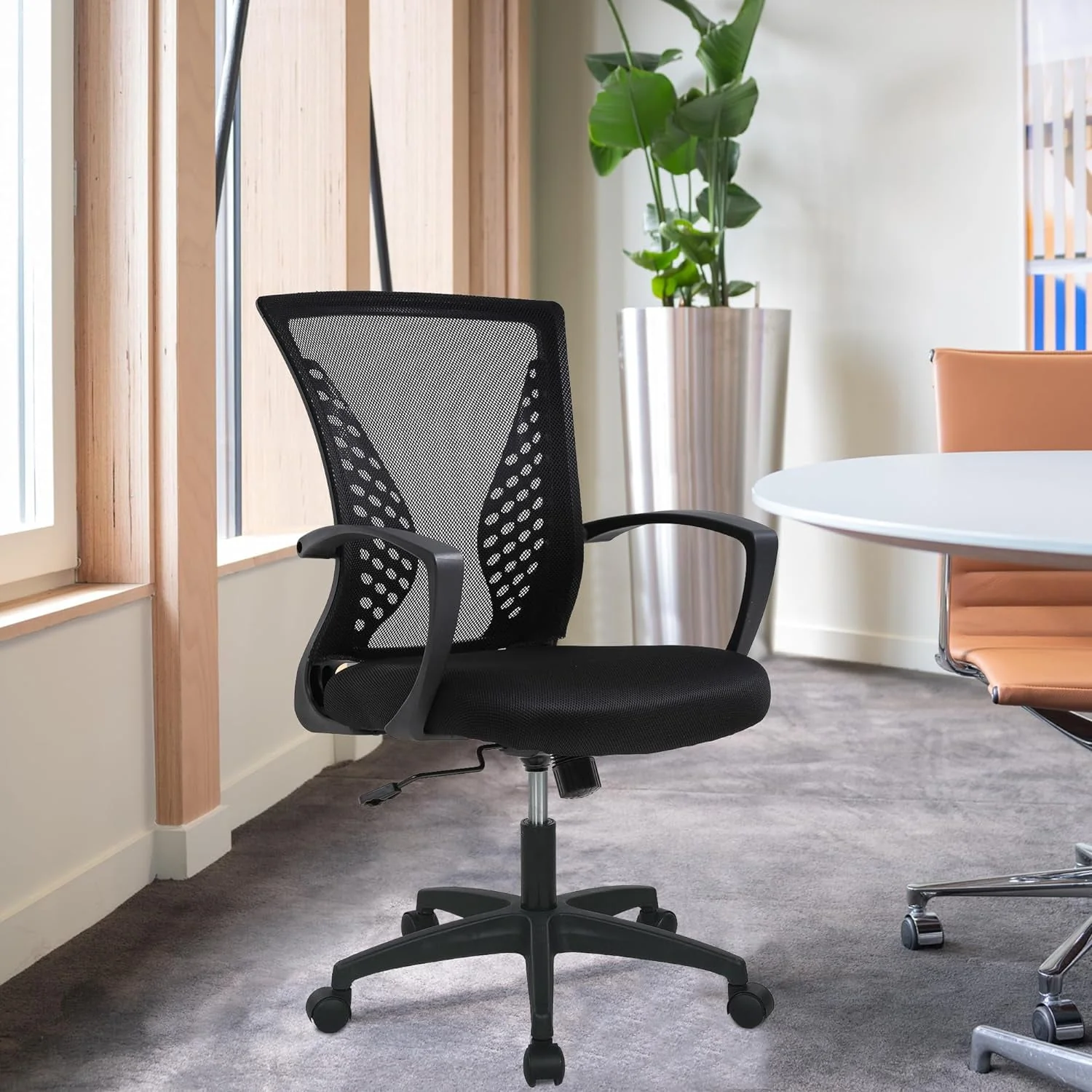Home Office Chair Mid Back PC Swivel Lumbar Support Adjustable Desk Task Computer Ergonomic Comfortable Mesh Chair with Armrest (Black)