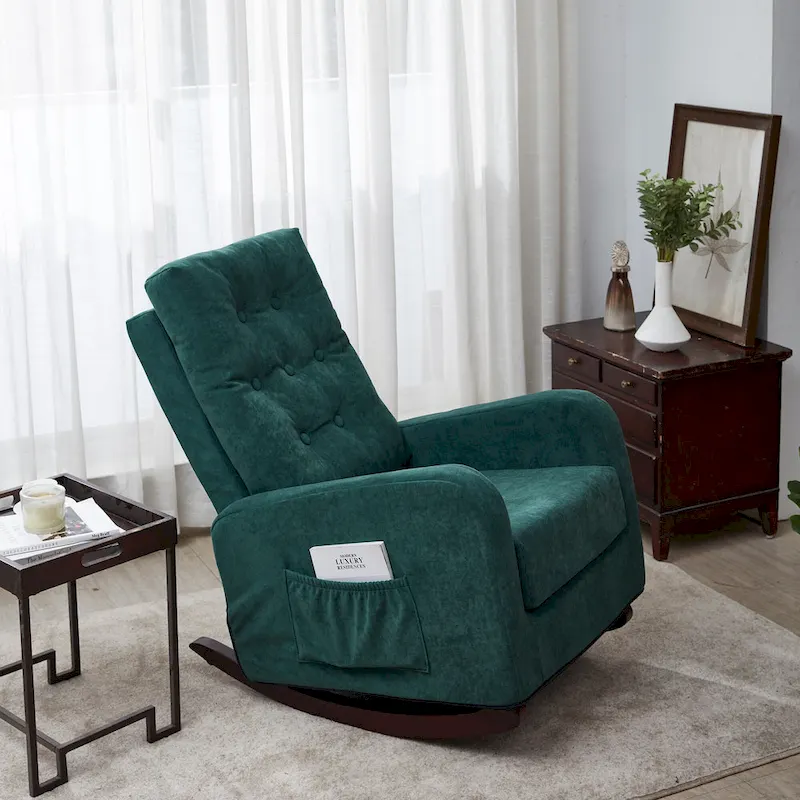 Modern 28.74 High Back Upholstered Buttons Tufted Rocking Chair with Solid Wood Legs and Side Pocket