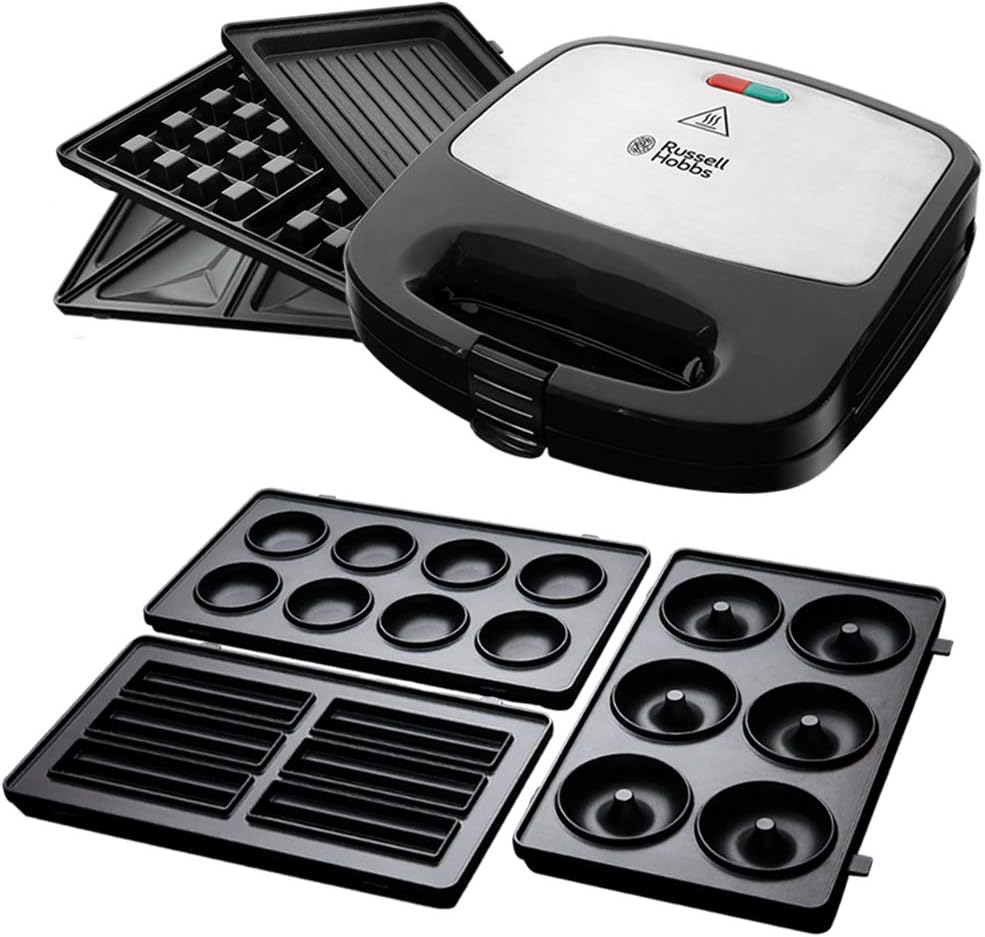 Russell Hobbs elektrisk grill, utbytbara tallrikar, smörgåsmaskin, diskmaskinssäkra tallrikar, 3-i-1 24540-56 & Russell Hobbs 3-pack snackstallrikar, cake pop, minimunk och churros passar till Fiesta 24540-56