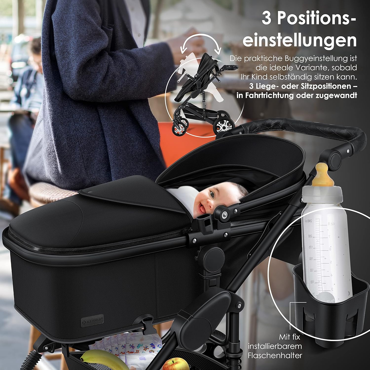 KESSER® Loops 3 in 1 Kinderwagen Kombikinderwagen Komplett-Set inkl. Babywanne & Buggy Sportsitz & Auto-Babyschale Voll-Gummireifen Wickeltasche Regenschutz Kindertisch ECE R129, Grau/Silber