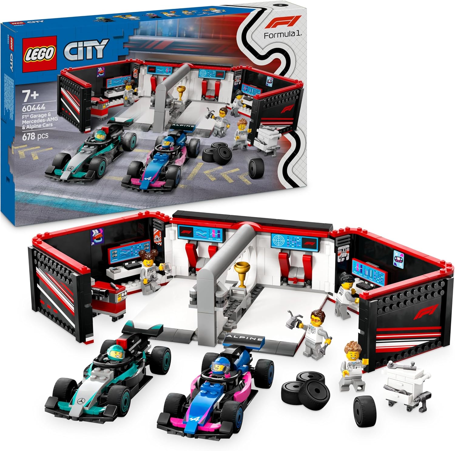 LEGO City F1 Garage & Mercedes-AMG & Alpine Racing Cars Lekset, Byggsats med 2 modellracerbilar, 6 minifigurer med 2 förare och 4 mekaniker, Rolig present till racingfans från 7 år, 6044