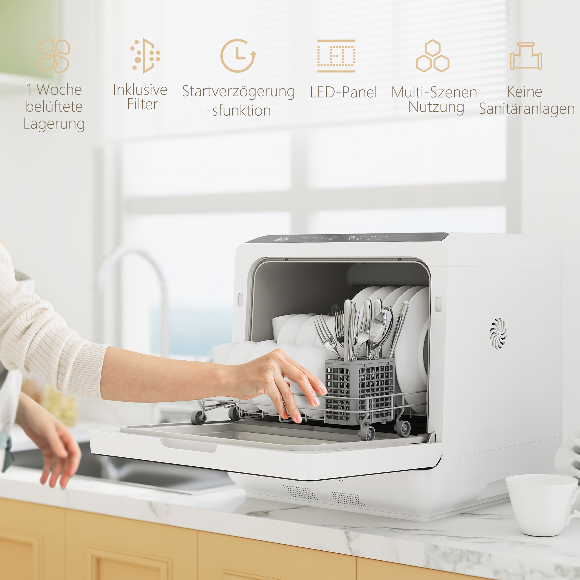 Tafelvaatwasser, Mini-Vaatwasser met 6-Liter-tank, 5 Programma's, LED-display, Droogfunctie, Wit
