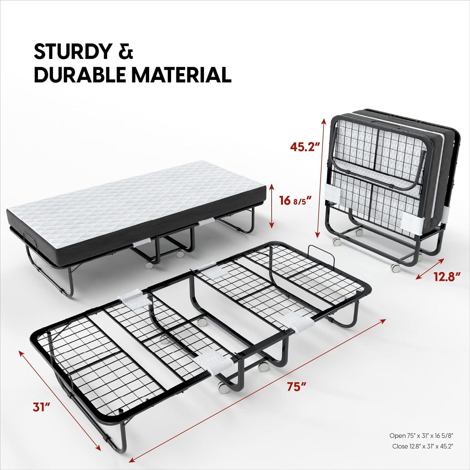 EconoHome Folding Bed with Mattress - Portable Foldable Roll Away Adult Bed for Guest