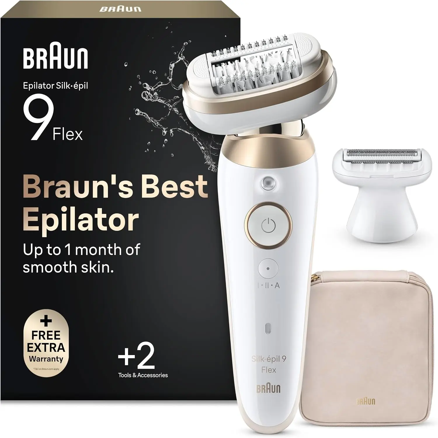 Braun Silk·épil 9 Flex, Depiladora con cabezal flexible de 360° para una depilación fácil, húmeda y seca, piel suave y duradera, dorado