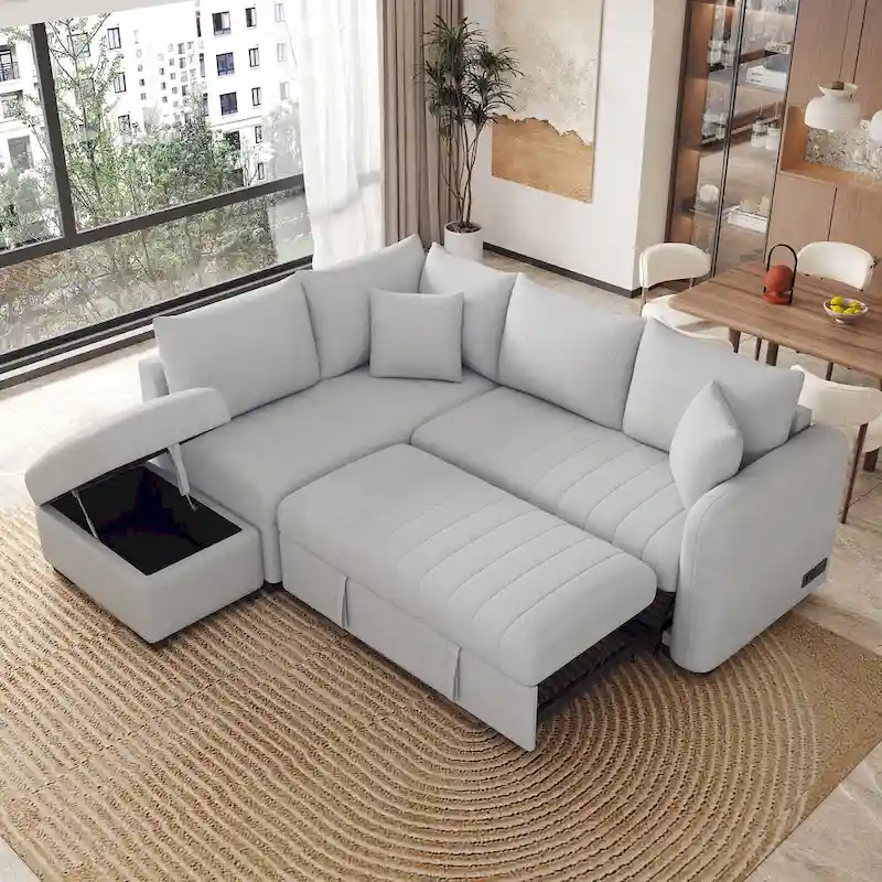 Roomfitters L-Shaped Sleeper Sofa with USB Ports, Power Outlets, and Versatile Storage Ottoman
