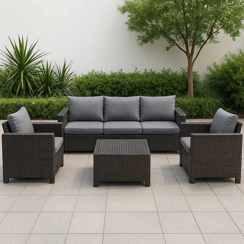 Conjunto de Muebles de Jardín Ratán Sintético Marrón Cojines Poliuretano y Poliéster Gris 3 Sofá 2 Sillones 1 Mesa