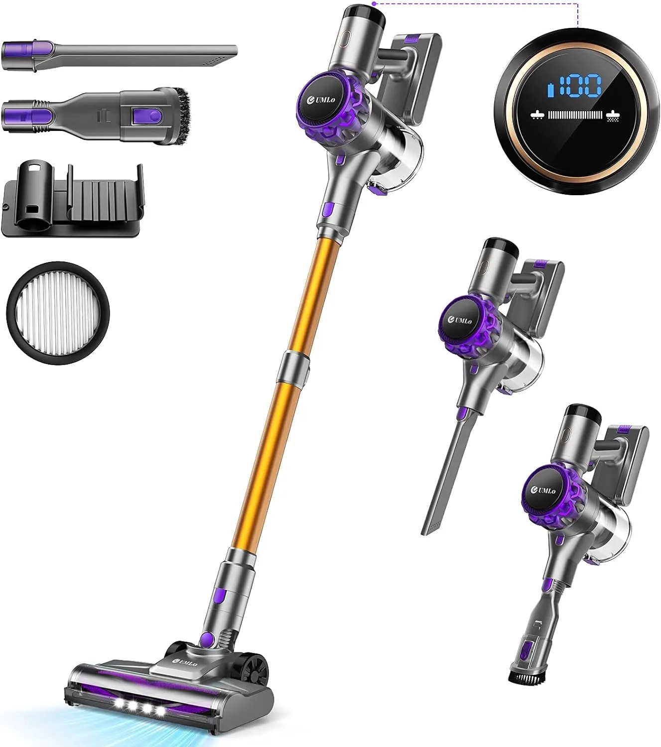 Cordless Vacuum Cleaner, 300W 30Kpa Powerful Stick Vacuum with LED Display, Rechargeable Cordless Vacuum Max 55Min Runtime, Free Standing