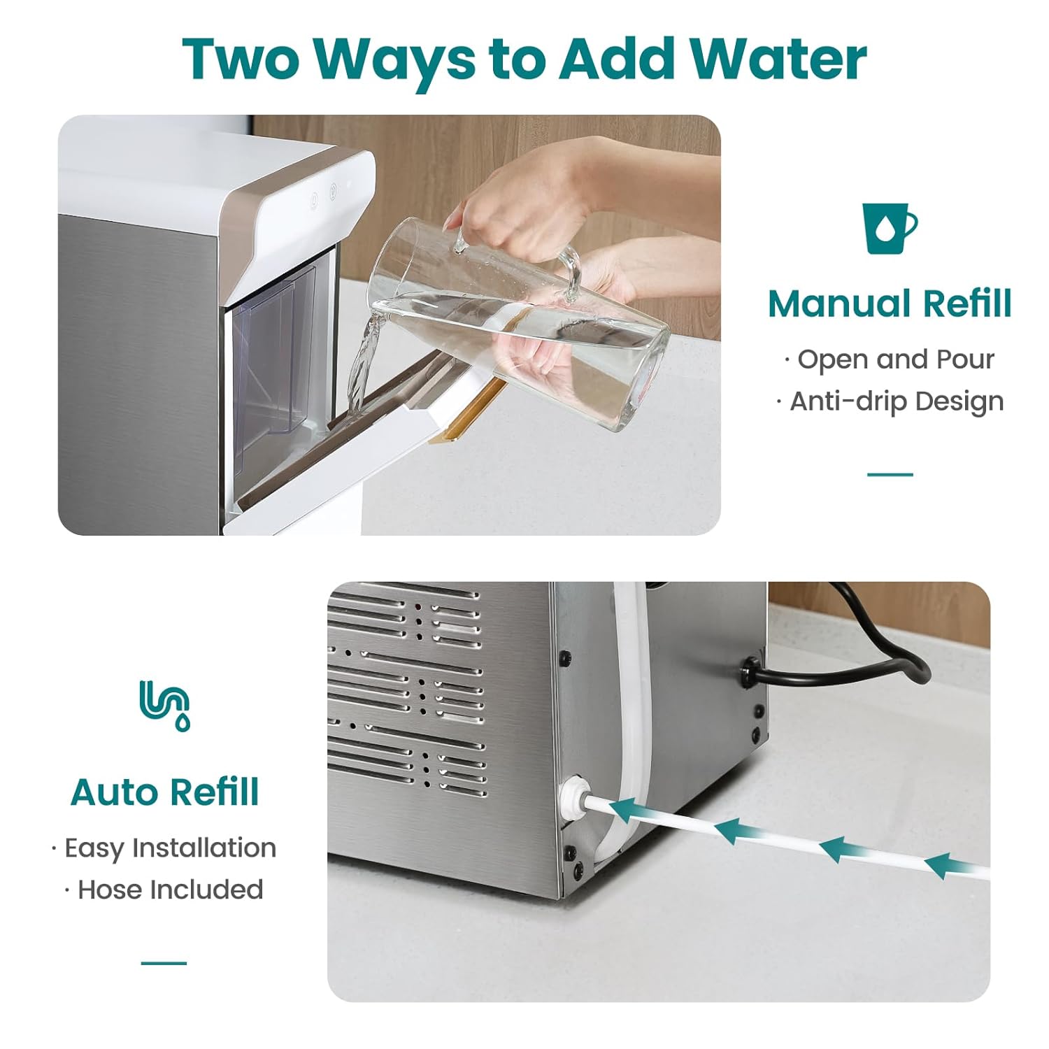V2.0 Countertop Gemi Nugget Ice Maker | Self-Cleaning Pellet Ice Machine | Open and Pour Water Refill | Stainless Steel Housing | Fit Under Wall Cabinet | White