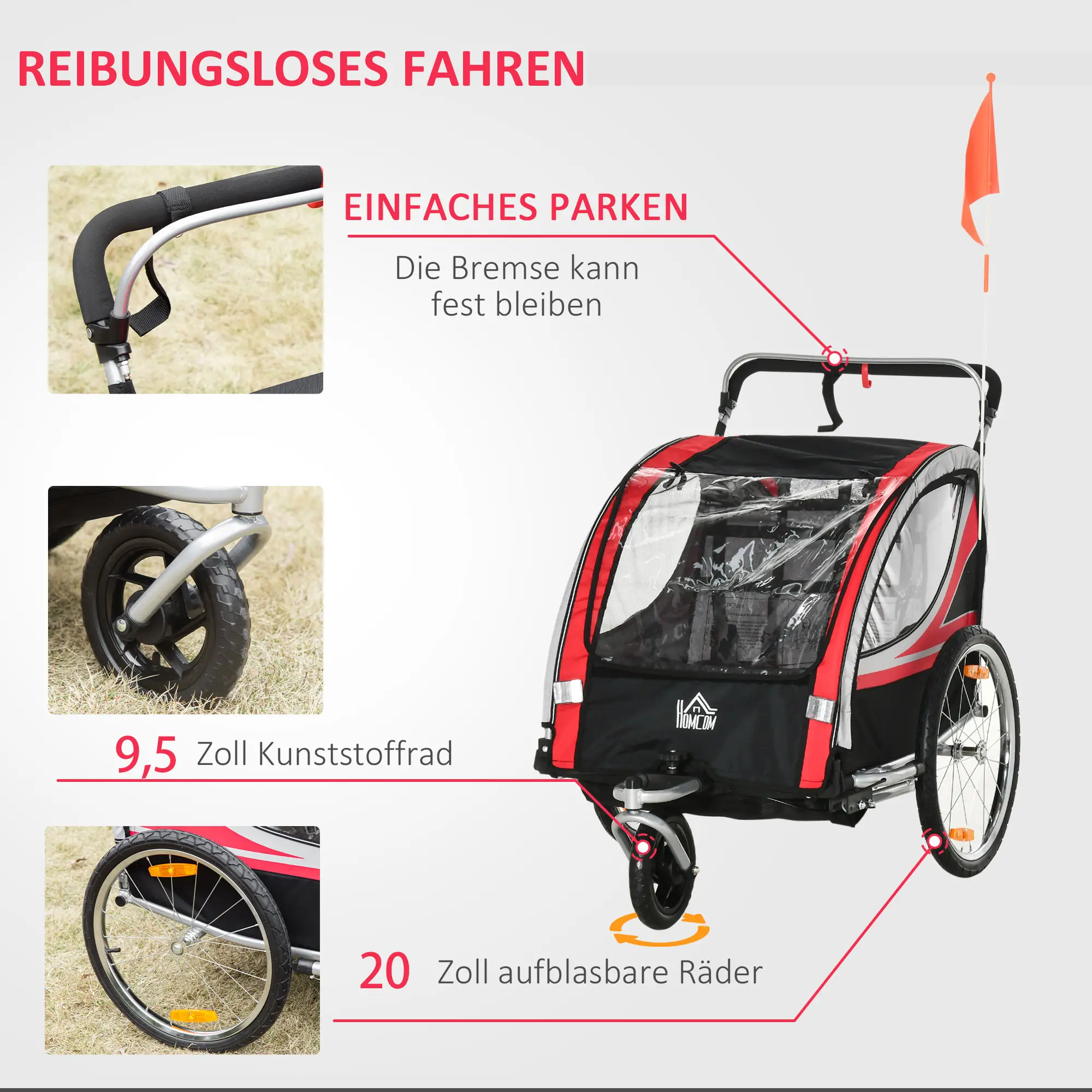HOMCOM Kinderfahrradanhänger 2in1 Schiebewagen sichere Fahrt rot
