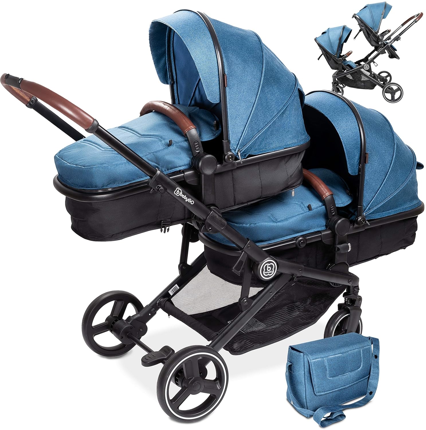 babyGO Kinderwagen 3 in 1 für Zwillinge - Geschwisterkinderwagen/Geschwisterwagen für Babys - Zwillingskinderwagen/Zwillingswagen für 2 Kinder mit viel Zubehör (Blau Melange-ohne Babyschale)