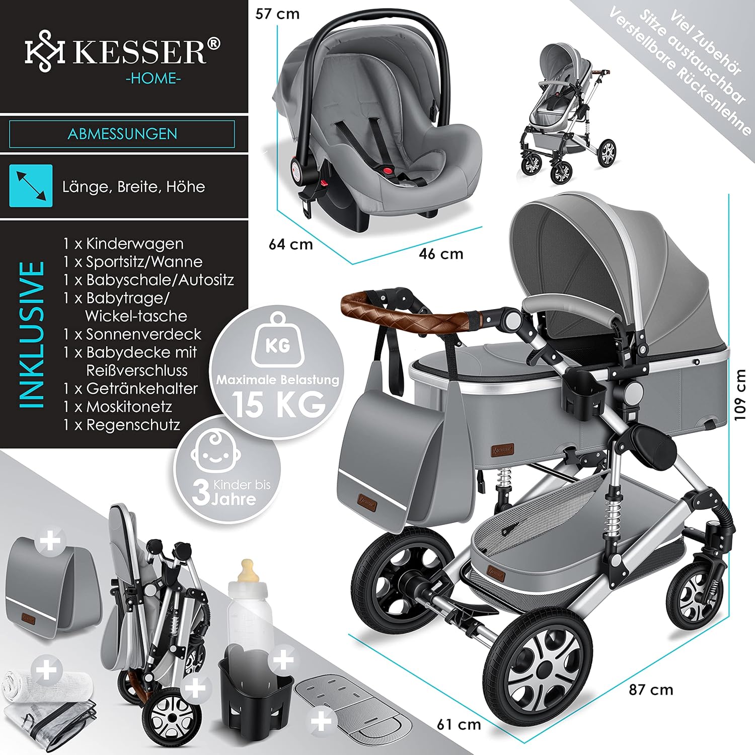 KESSER® Loops 3 in 1 Kinderwagen Kombikinderwagen Komplett-Set inkl. Babywanne & Buggy Sportsitz & Auto-Babyschale Voll-Gummireifen Wickeltasche Regenschutz Kindertisch ECE R129, Grau/Silber