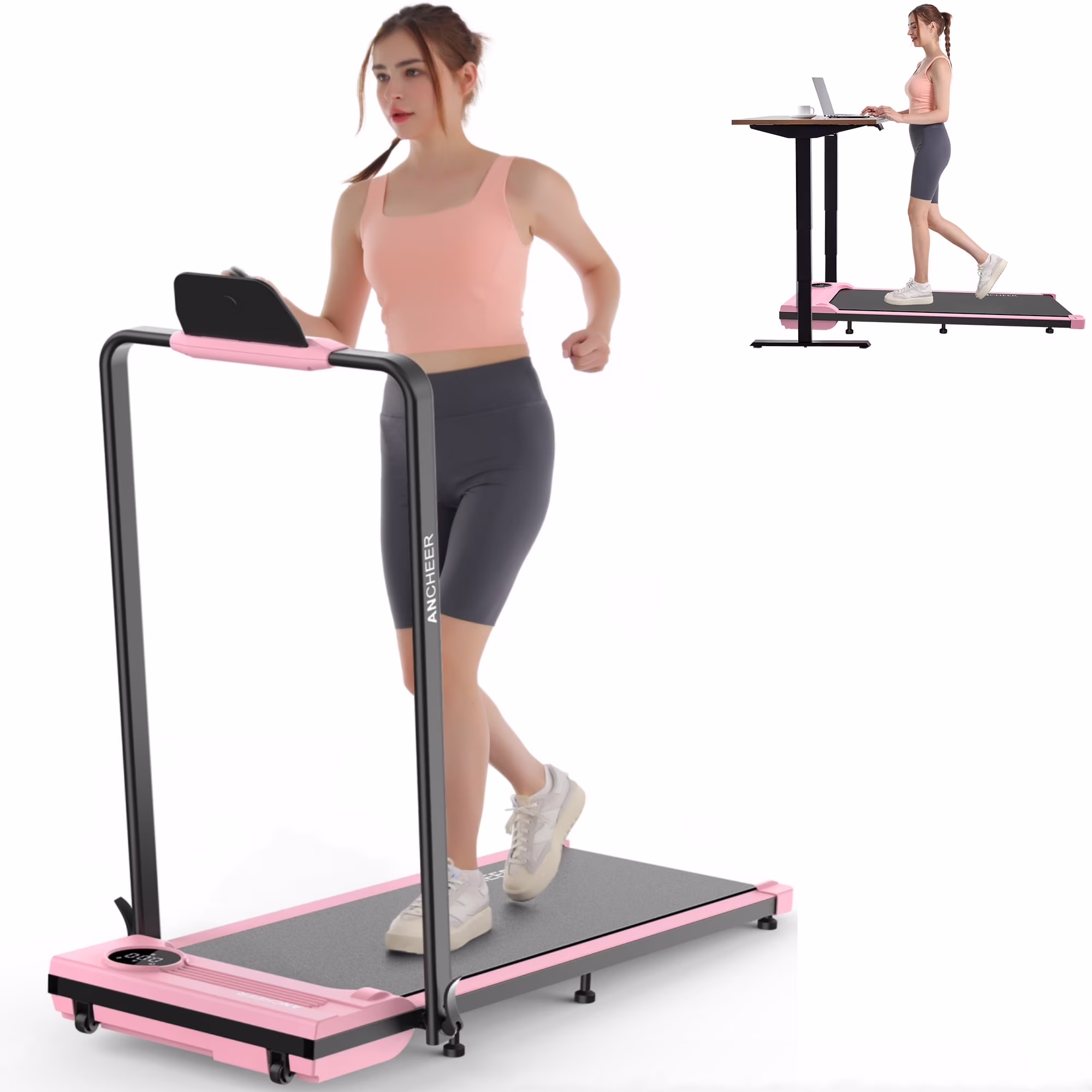 ANCHEER Portable Folding Walking Pad 300lb, 7.5 MPH Under Desk Treadmill with Remote Control & LED Display,2 in 1 Walking Pad Treadmill for Home/Office/Exercise(Pink)