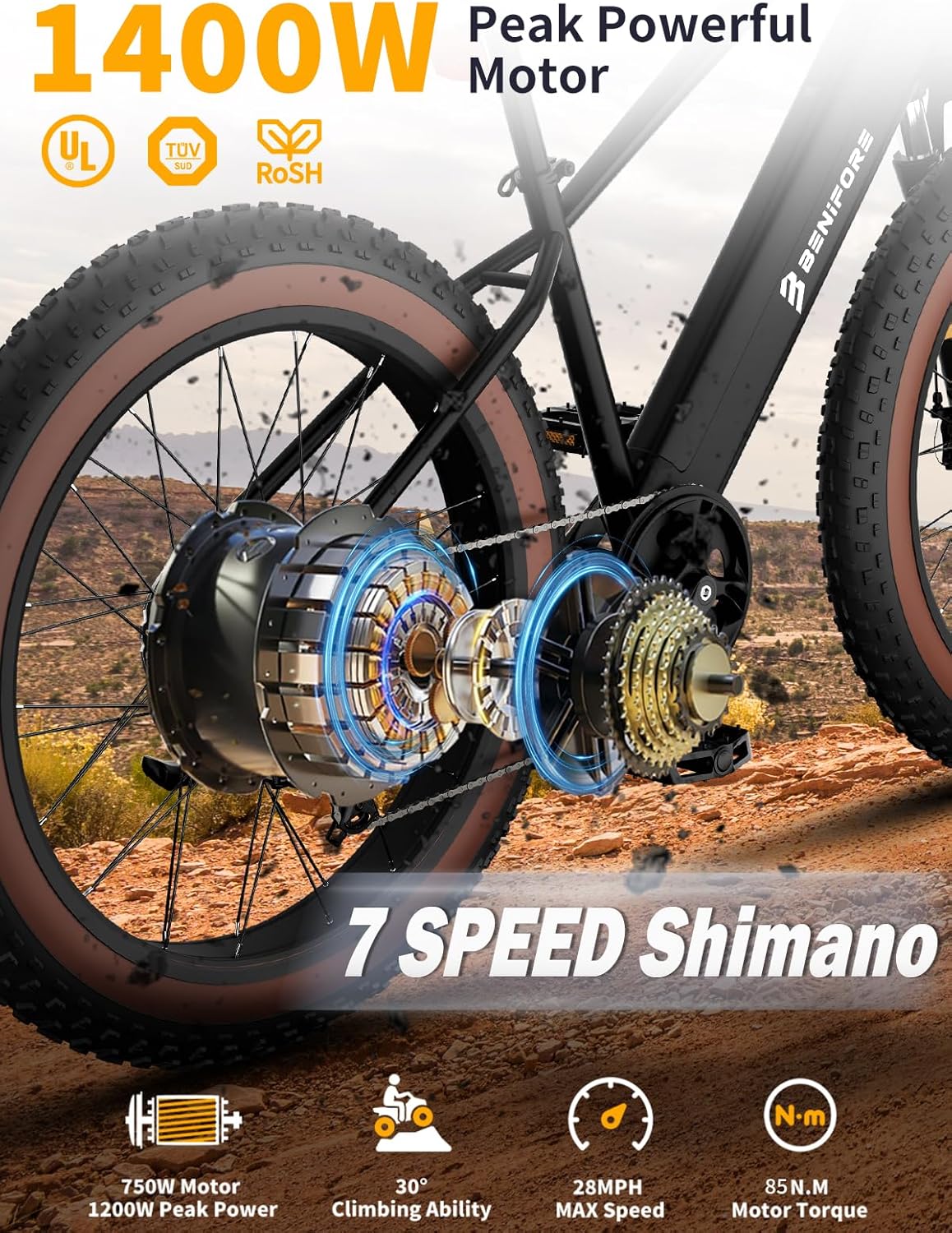 Luckeep Electric Bike for Adult 1400W Peak,72 Miles 28 MPH, 48V 720WH Battery 26 Fat Tire Mountain EBikes with Hydraulic Suspension, 7-Speed, Lightweight E-Bike for Men UL Certified Electric Bicycles