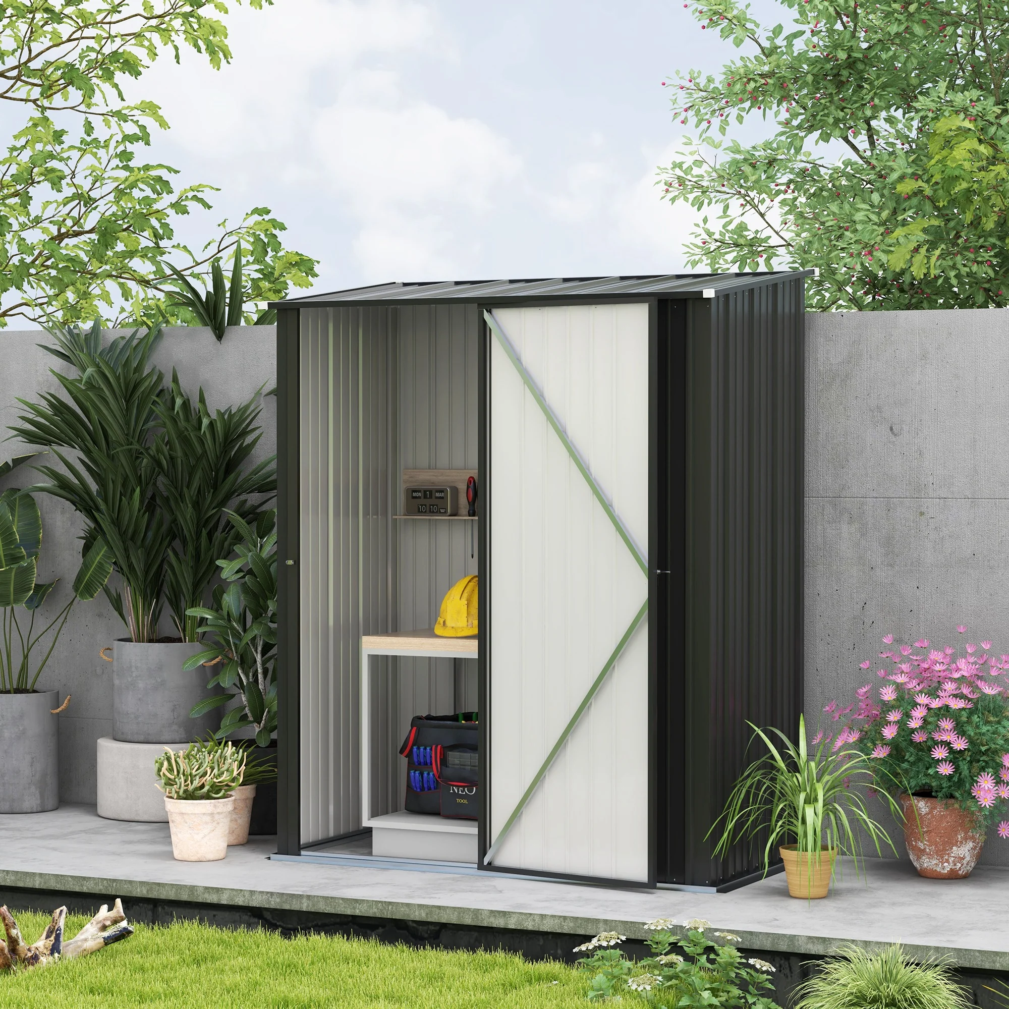 Outsunny Tuinschuur Gereedschapsschuur, afsluitbare deur, weerbestendig, incl. schappen, 161,5 cm x 94,5 cm x 196 cm, Zwart