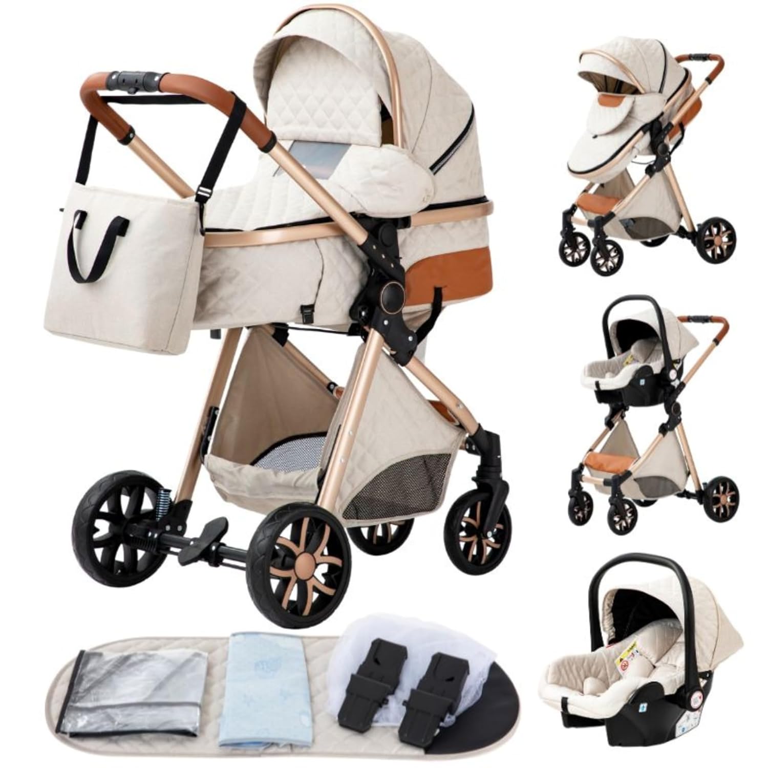 YAZOCO kinderwagen 3 in 1 Buggy Babybett Komplett Set Einem Klick Zusammenklappbarer Kinderwagen, KombiKinderwagen Aluminiumrahmen für Neugeborene (Schwarz)