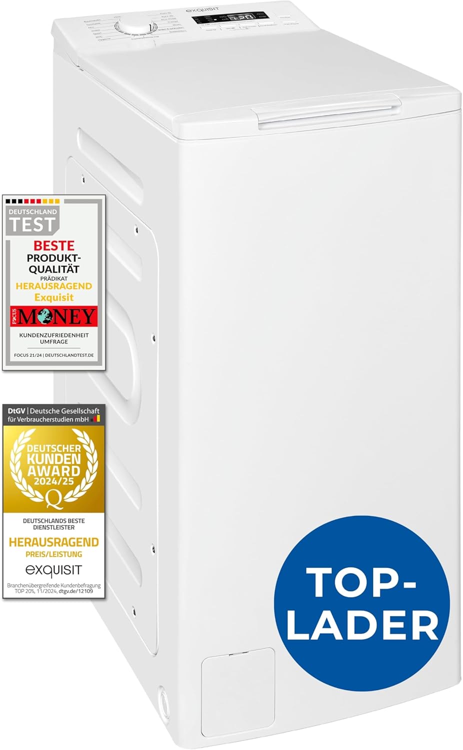 Exquisit Toplader Waschmaschine, 7,5kg Füllmenge, Waschmaschine schmal, Energieklasse A, 1200 U/Min, Startzeitvorwahl, Kurzprogramm, LTO51207-030A weiss