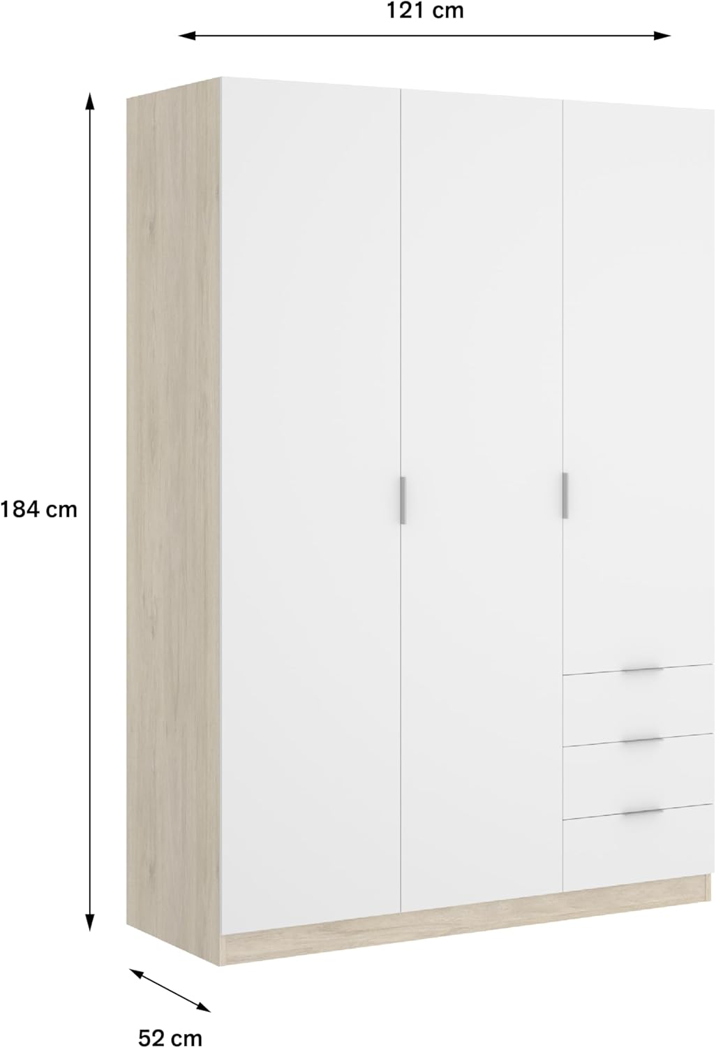 DEKIT GRUPO RIMOBEL Wardrobe with 3 Doors and 3 Drawers, Large Capacity, Natural/White, 121 x 184 x 52 cm