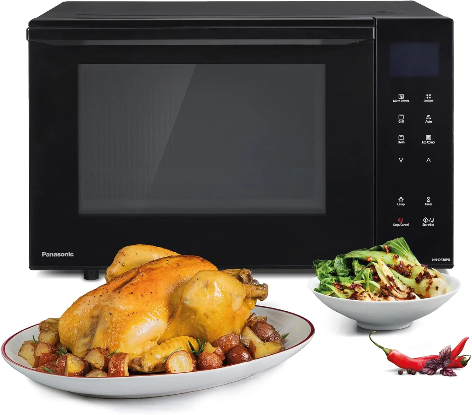 Panasonic NN-DF38PBEPG Combimagnetron & Grill, 1000 W, 23 l, Inverter-Tech, Eco Combi Modus, vlakke bodem, 16 automatische programma's & ontdooistanden, ge?mailleerde plaat, rooster, eenvoudig schoon te maken, zwart