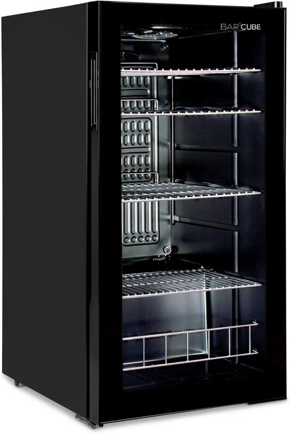 °CUBES Frigorifero per bevande 90L con porta in vetro e 4 ripiani regolabili | Frigorifero compatto per bottiglie, perfetto per casa, ufficio, feste e ristorazione | Elegante frigorifero con porta in vetro, nero