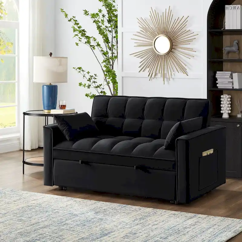 4-in-1 Pull-Out Sleeper Sofa Bed - Loveseat in Velvet -Convertible Couch Bed with Reclining Backrest,2 Side Pockets
