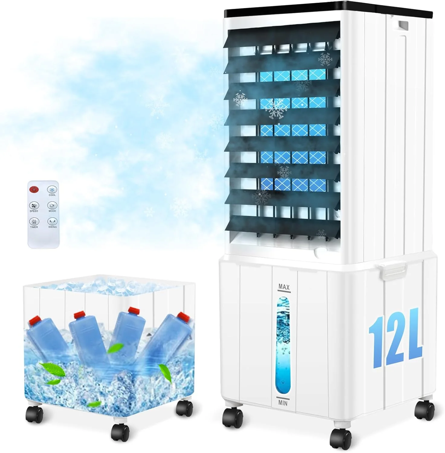 Condizionatore Portatile Senza Tubo, 12L 60W Raffrescatore Evaporativo con Timer 12H, 3 Modalità, 40dB, Oscillazione 120°, Serbatoio Acqua Rimovibile, Telecomando, Silenzioso Refrigeratore d'Aria per Casa Stanza Ufficio