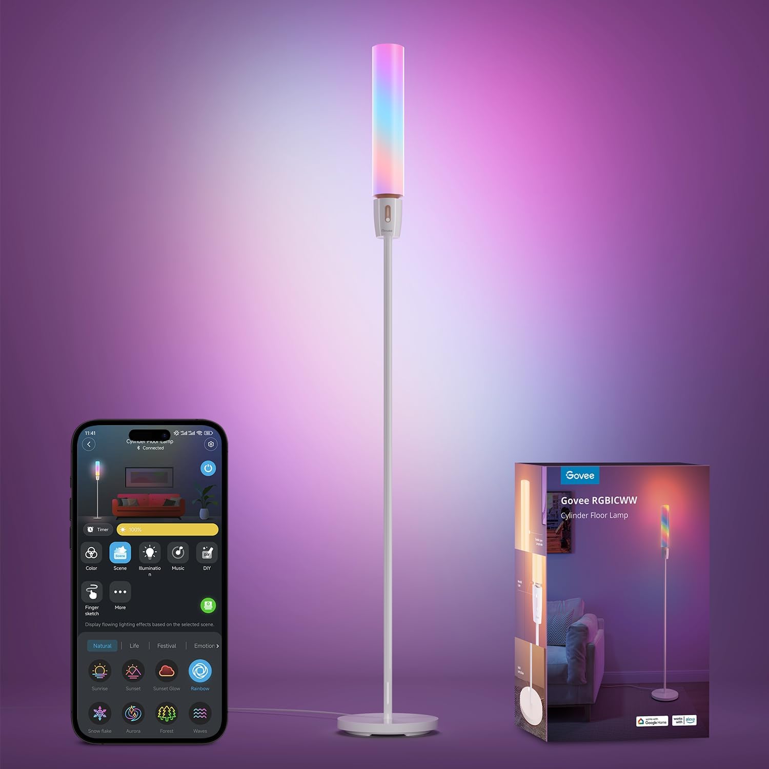 Govee RGBIC Cylinder Floor Lamp, LED Corner Floor Lamp with Wi-Fi App Control, Smart Lamp with 64+ Scenes, DIY Mode, Music Sync, 1500 Lumens Modern Lamp for Bedroom, Living Room