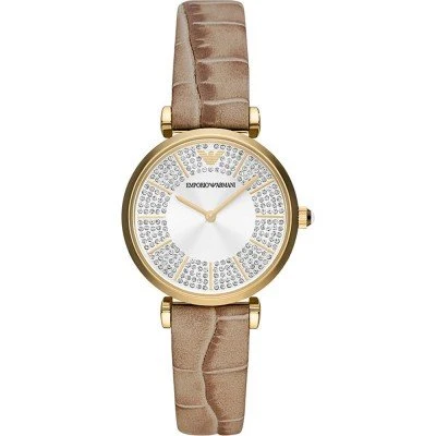 Emporio Armani Gianni T-Bar Pave Dial Brown Genuine Leather Women's Watch - AR11518