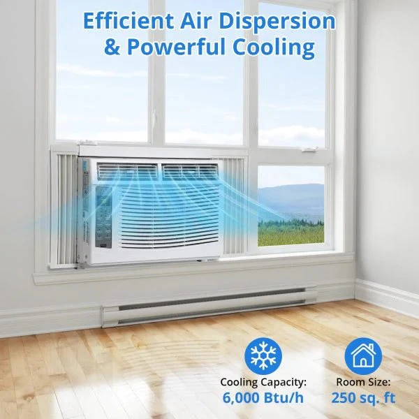 Window air conditioner with reusable filter and controls, 6000 BTU, 115 V~, suitable for rooms up to 250 square feet