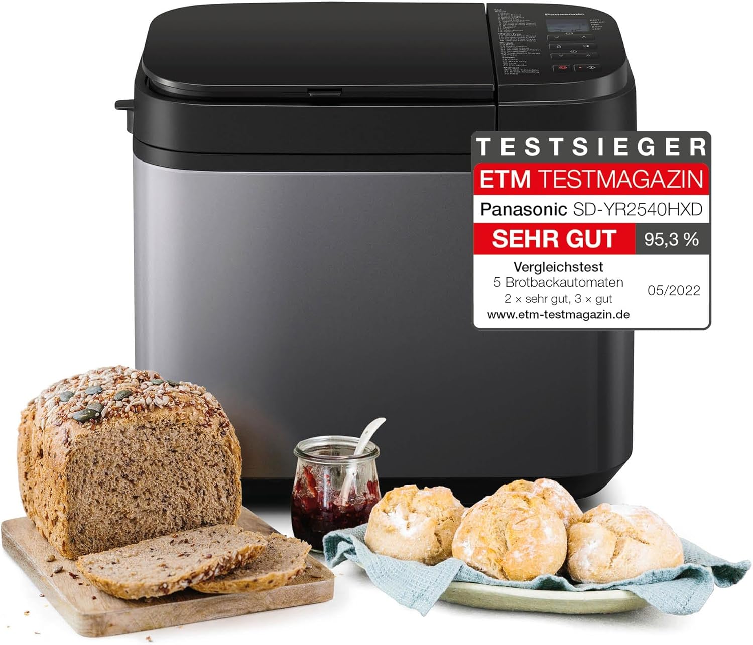 Panasonic SD-YR2540 Premium Grau Vollautomatischer Brotbackautomat, horizontales Design und Hefespender, 32 automatische Programme, zwei Temperatursensoren, 13-Stunden-Zeitvorwahl, Grau