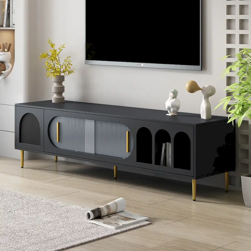 Contemporary TV Stand for 70-Inch and Larger TVs, Entertainment Center Media Console with 3 Shelves and 2 Cabinets