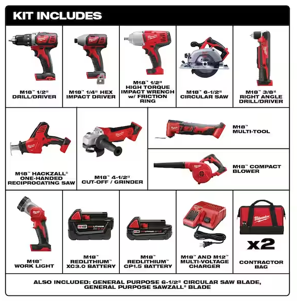 M18 18V Lithium-Ion Cordless Combo Kit (10-Tool) with (2) Batteries, Charger and (2) Tool Bags