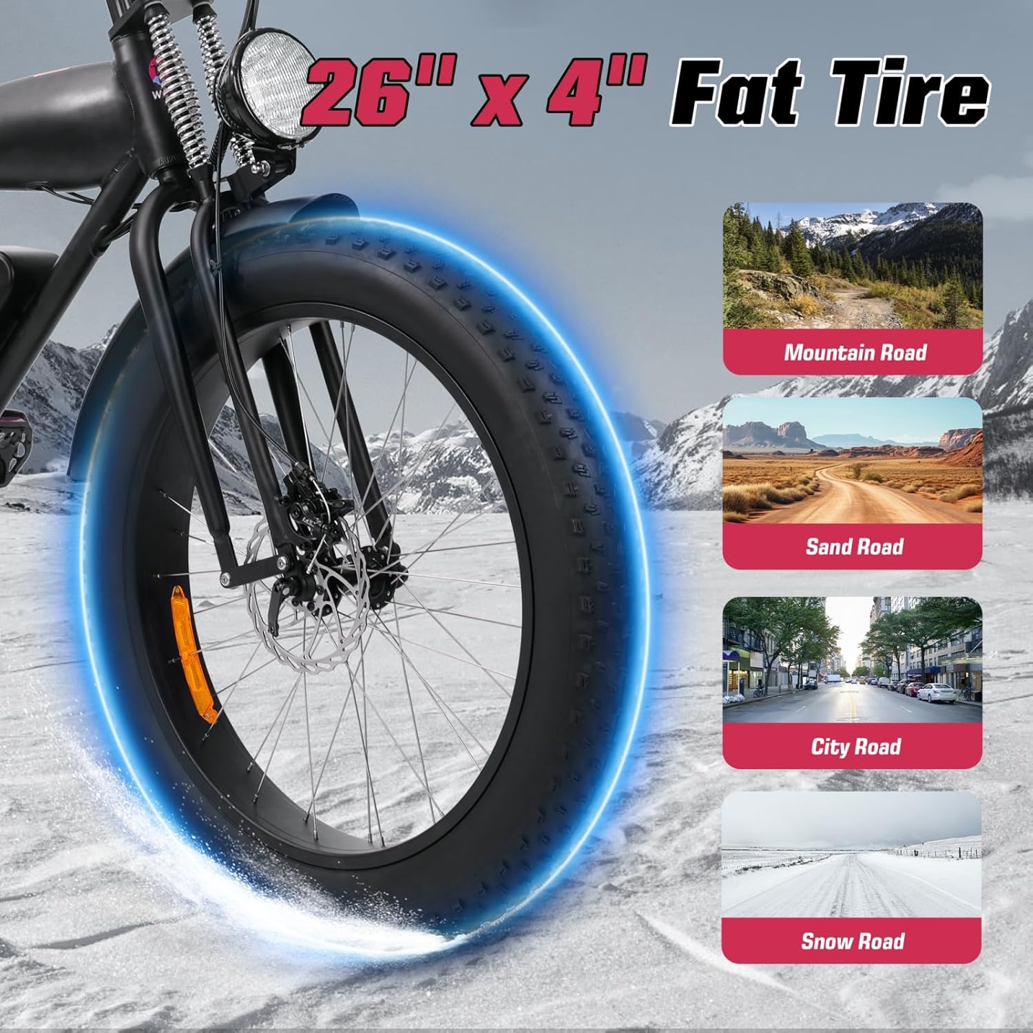 Windone K20 Electric Bike for Adults, Up to 60 Mile Range & 28 MPH Speed Ebike, 26'' x 4'' Fat Tire E Bike with 7 Speeds, Peak 1000W Adult Electric Bicycle for Commute Beach Snow
