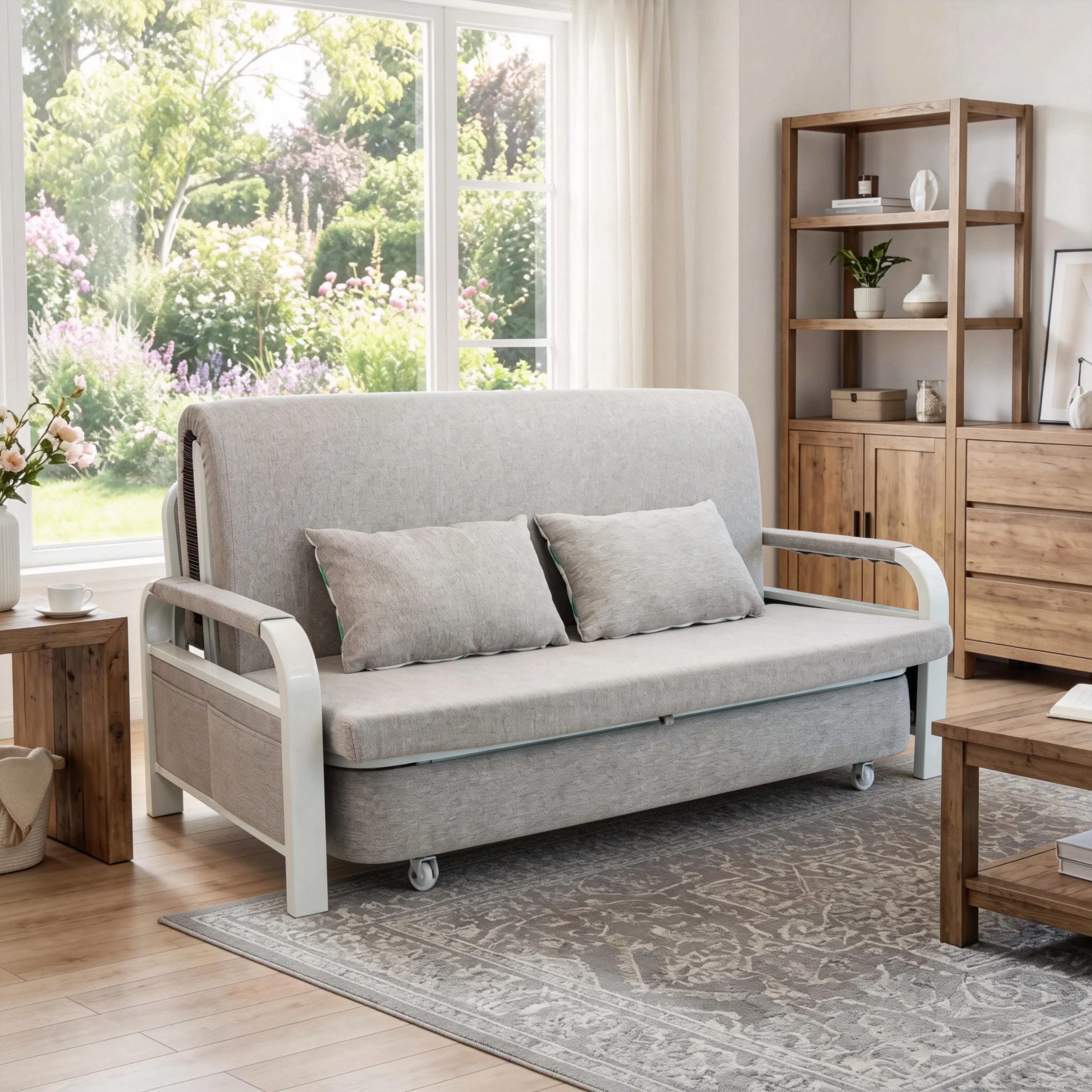 Convertible Sofa Bed with Pillows, Side Pockects and Storage Compartment, Carbon Steel and Linen Cotton