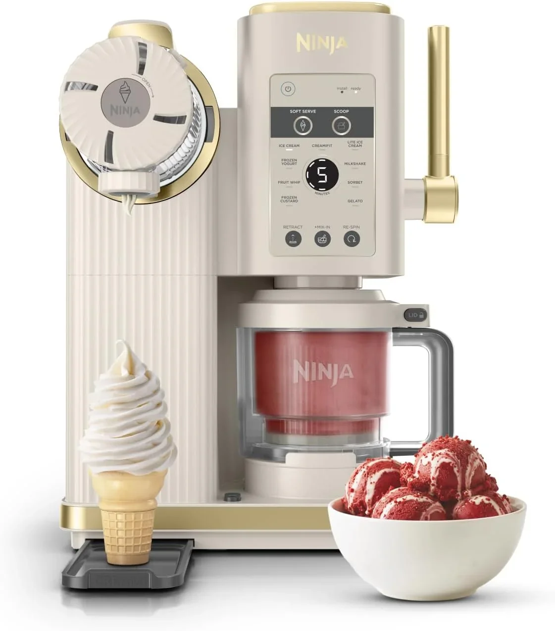 Ninja CREAMi Scoop and Swirl Maszyna do lodów z 2 pojemnikami, 13 funkcji, przygotowuje lody, lody włoskie, gelato, koktajle mleczne i inne desery, opcja dodatków, kamienne złoto, NC701EUSTGD