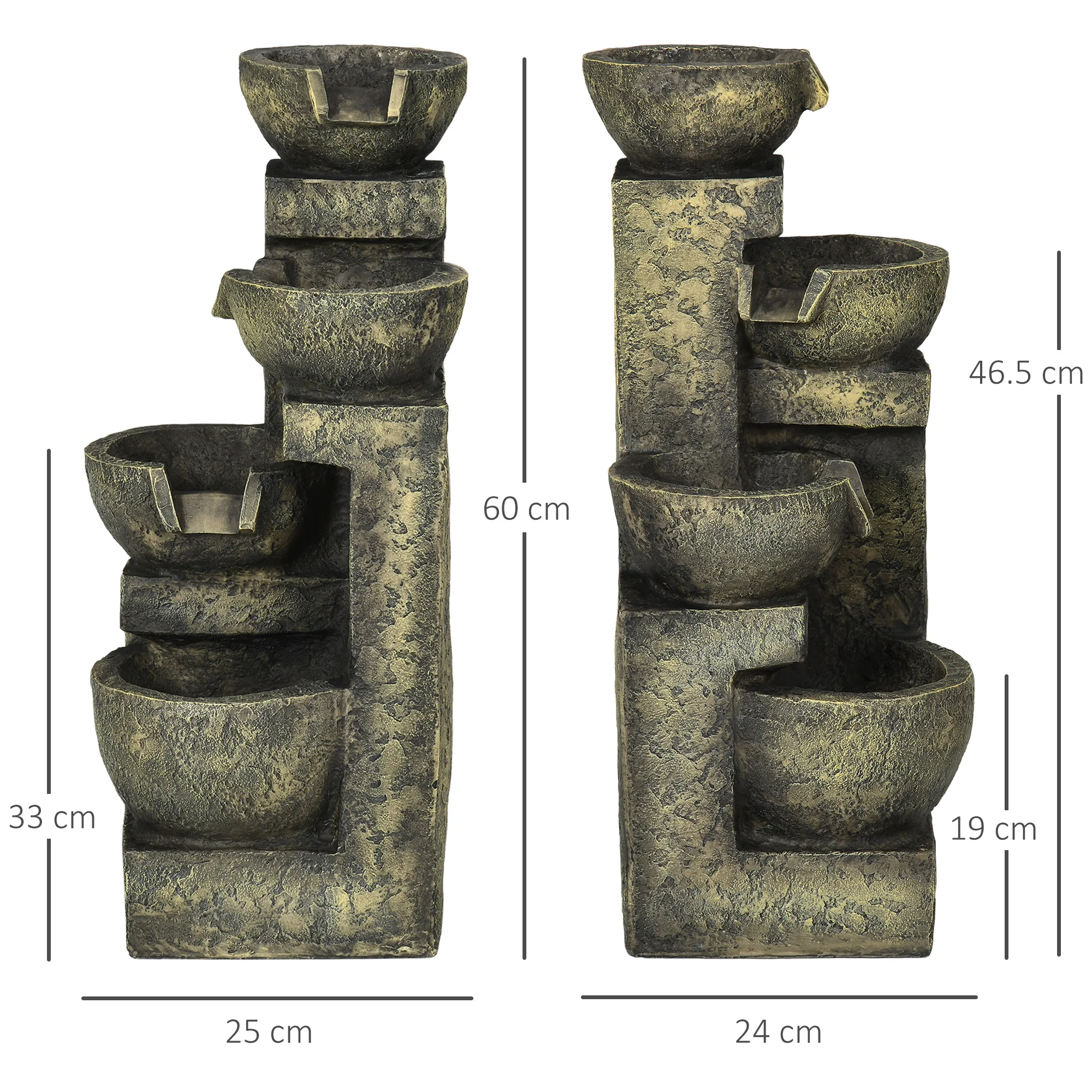 Outsunny Tuin fontein 25x24x60 cm, verstelbare stroom, 60 cm hoog, zwart