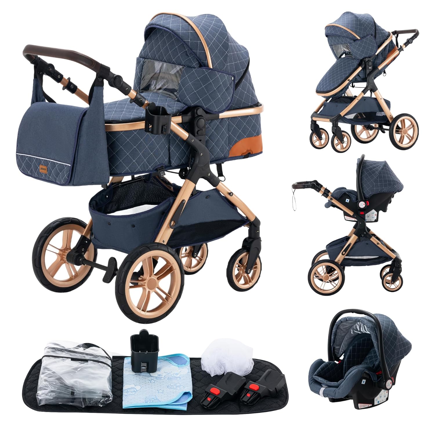 YAZOCO kinderwagen 3 in 1 Buggy Babybett Komplett Set Einem Klick Zusammenklappbarer Kinderwagen, KombiKinderwagen Aluminiumrahmen für Neugeborene (Schwarz)