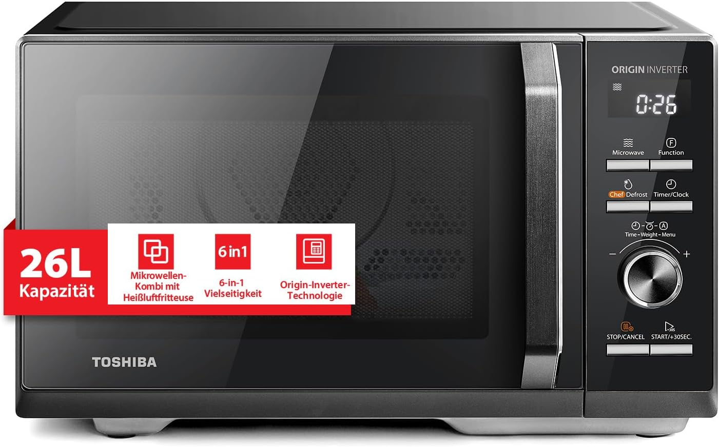 Toshiba MW3-AC26SFI(BK) Mikrowelle mit Grill und Heißluft/6-in-1 Mikrowellenofen/26L/1000W Grill/Origin-Inverter/Chef-Auftaufunktion/Convection/Kombigaren/Grill/Heißluftfritteuse/Automatikmenü/Schwarz