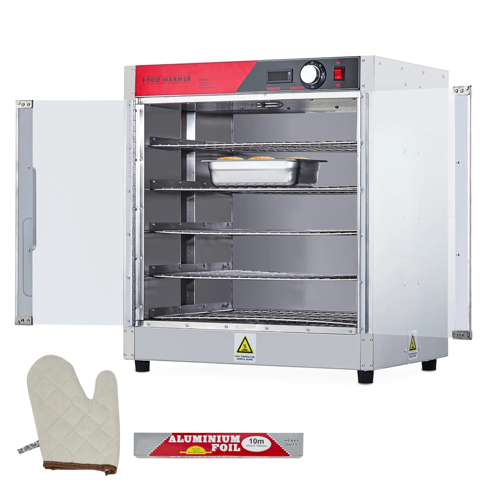 2026 Nuevo gabinete calentador de alimentos tipo hot box multifuncional de acero inoxidable con aislamiento térmico potencia 850W bandeja de agua puertas dobles transparentes diseño de 5 niveles