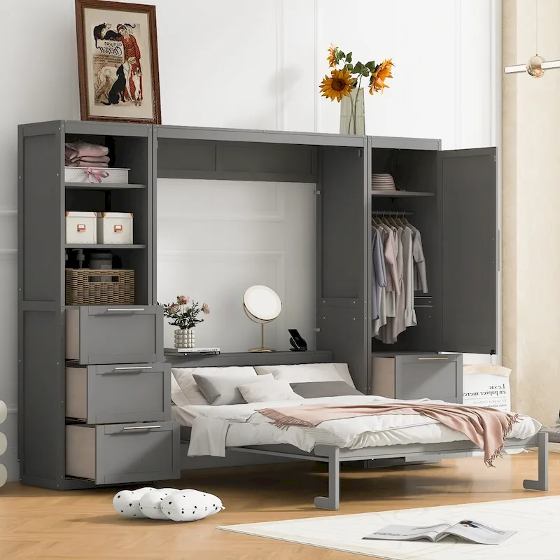 Contemporary Queen Murphy Bed with Integrated Closet and Storage Drawers