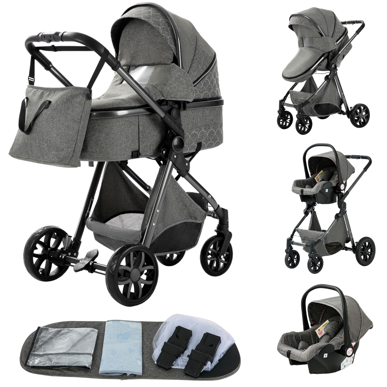 YAZOCO kinderwagen 3 in 1 Buggy Babybett Komplett Set Einem Klick Zusammenklappbarer Kinderwagen, KombiKinderwagen Aluminiumrahmen für Neugeborene (Schwarz)