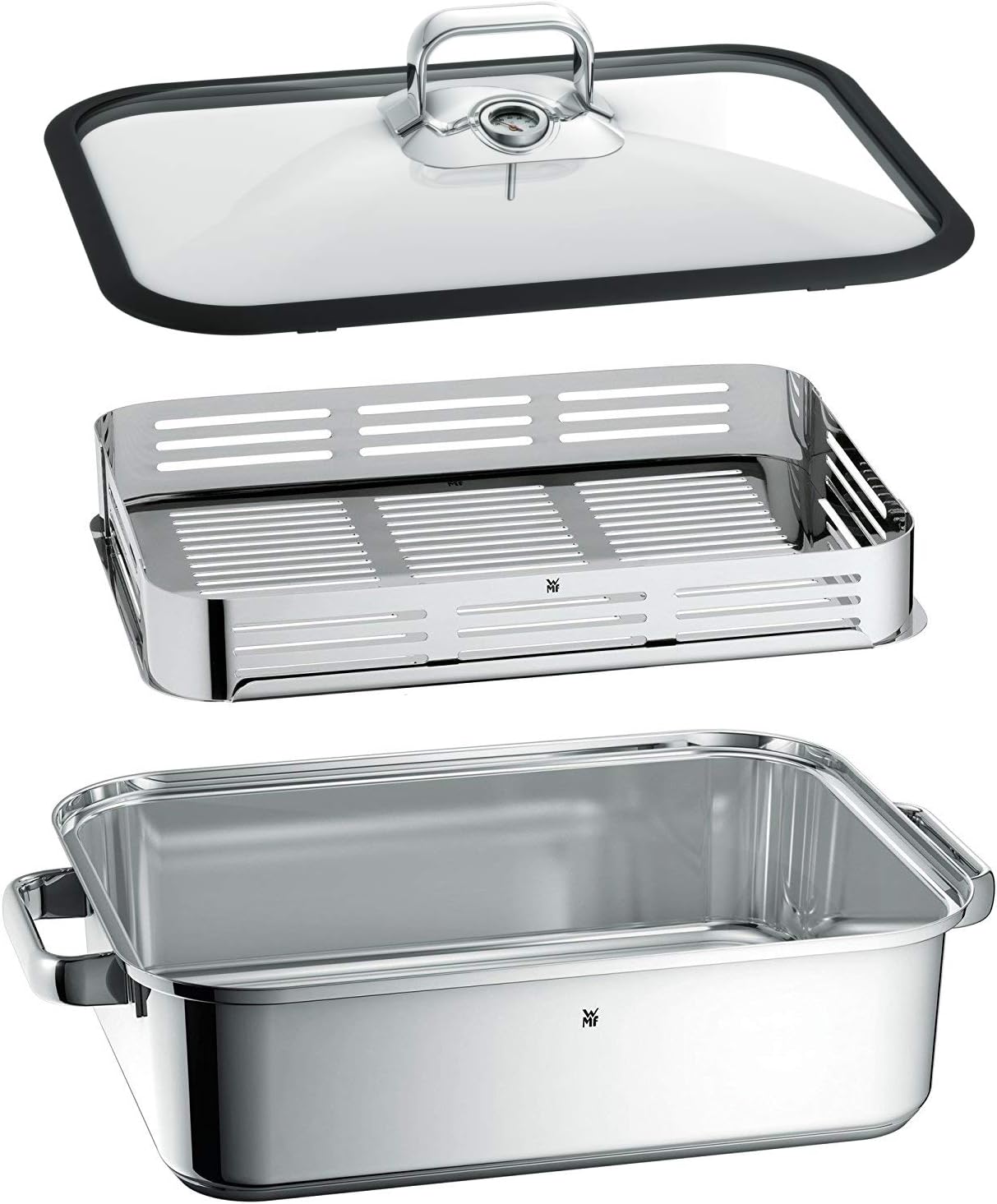 WMF Vitalis Aroma Dampfgarer, Bräter Induktion, 41x27x10cm, Auflaufform 6,5l, Servierzange, Glasdeckel Silikonrand, Thermometer, Garblech, Schmortopf Cromargan Edelstahl unbeschichtet