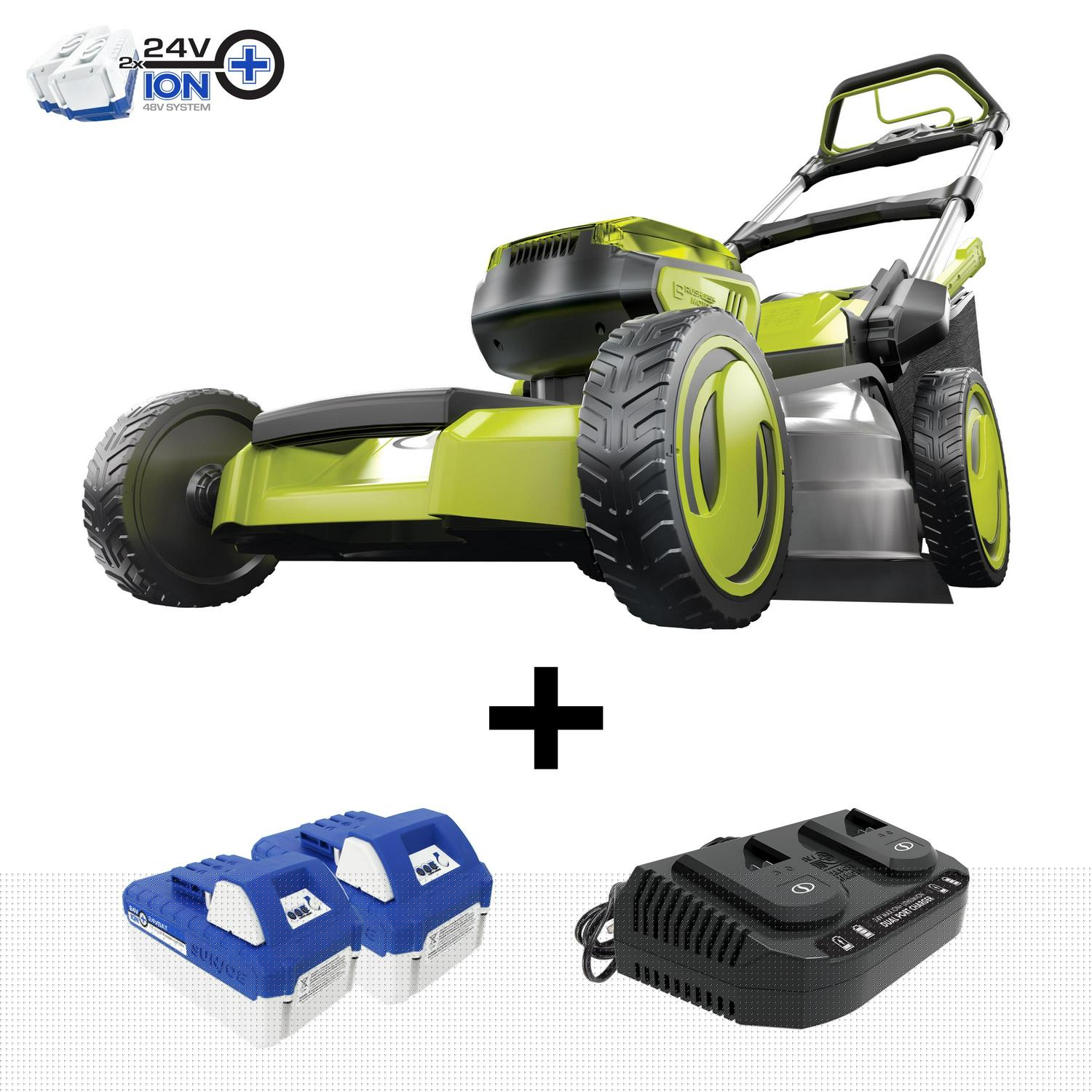 Sun Joe 48V Cordless Self-Propelled Lawn Mower, 20′′ Cutting Width, 2 x 4.0-Ah Batteries, 7-Position Height Adjustment