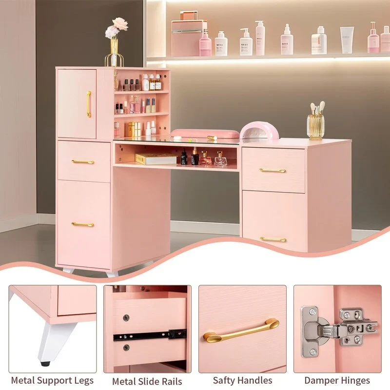 Embossed Particle Board Tempered Glass 55 W Manicure Table
