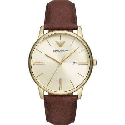 Emporio Armani Minimalist Quartz Gold Dial Brown Leather Strap Watch AR11610