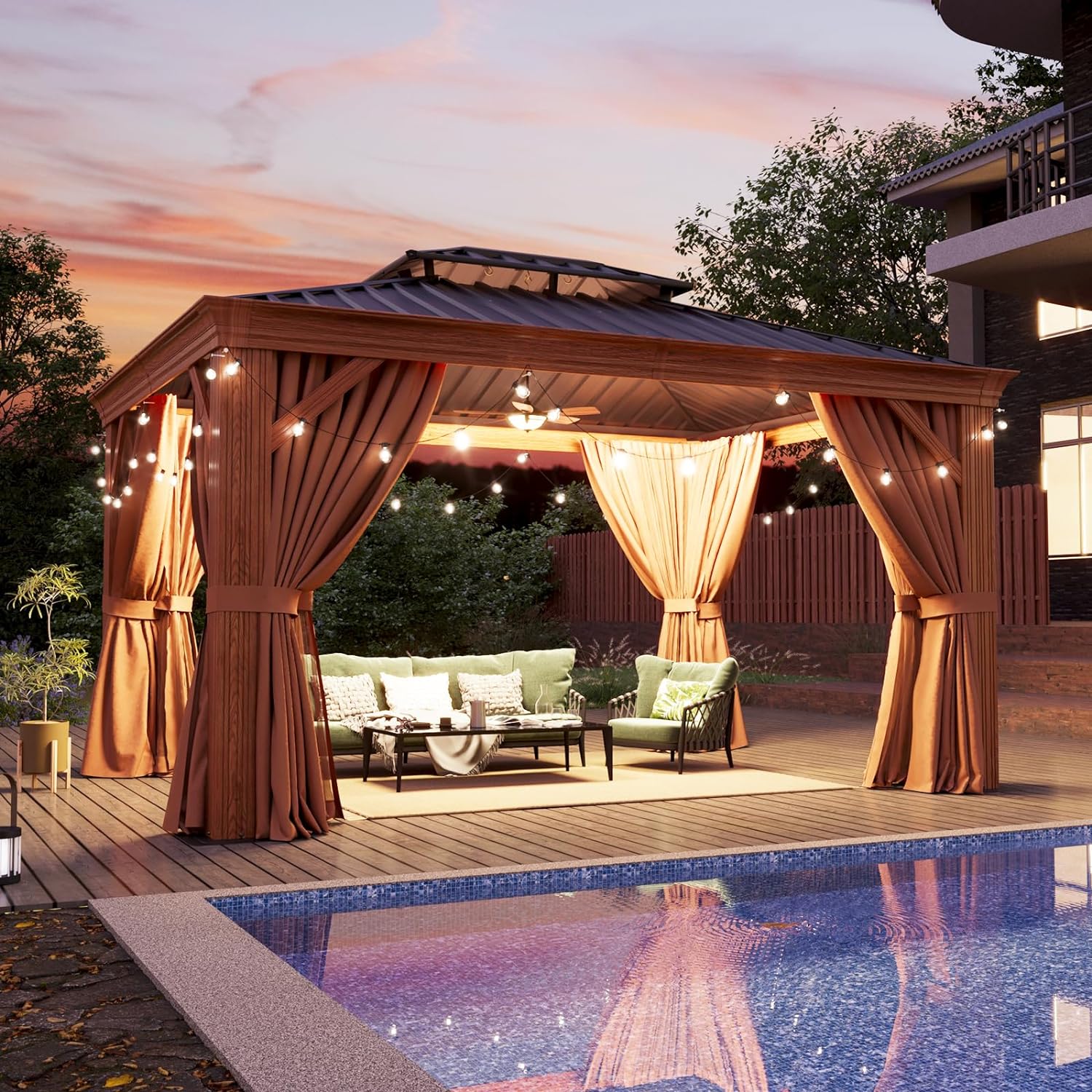 Wood Grain Hardtop Gazebo with Rain Gutter
