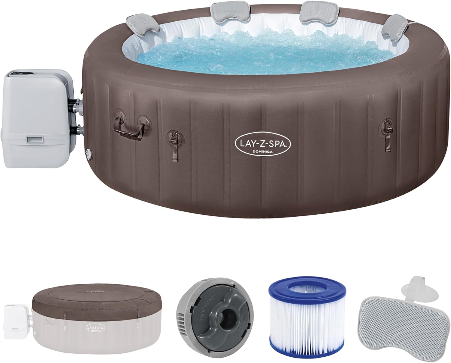 Bestway Lay-Z-SPA Whirlpool Dominica HydroJet, Ø 196 x 71 cm, 6 Personen, Heizung, Frostwächter, 4 HydroJet-Düsen, 140 AirJet-Düsen, App-Steuerung, Thermo-Abdeckung, Energieeffizient, Urbanbraun