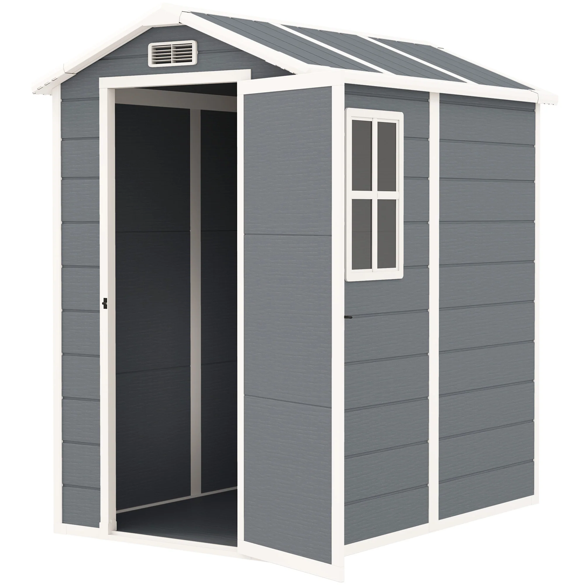 Outsunny Tuinschuur, Kunststof Tuinhuis met Vloer, Venster, Vergrendelbare Deuren, voor Tuin, 131B x 186D x 198H cm, Grijs