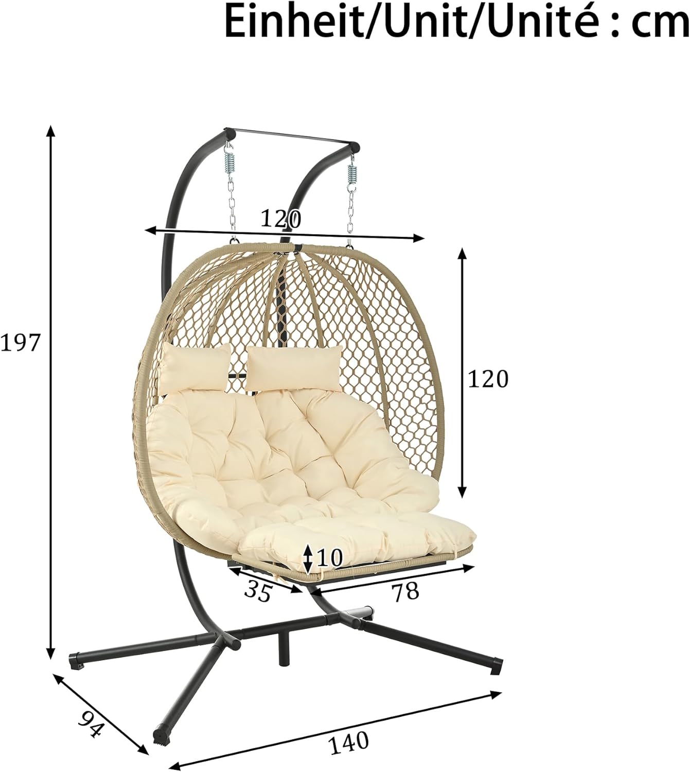 Doppelschaukelstuhl Ei-Form | Hängesessel mit Ständer, Fußauflage & Kissen | Gartenhängstuhl für Indoor & Outdoor | Belastbar bis 150kg (Beige)