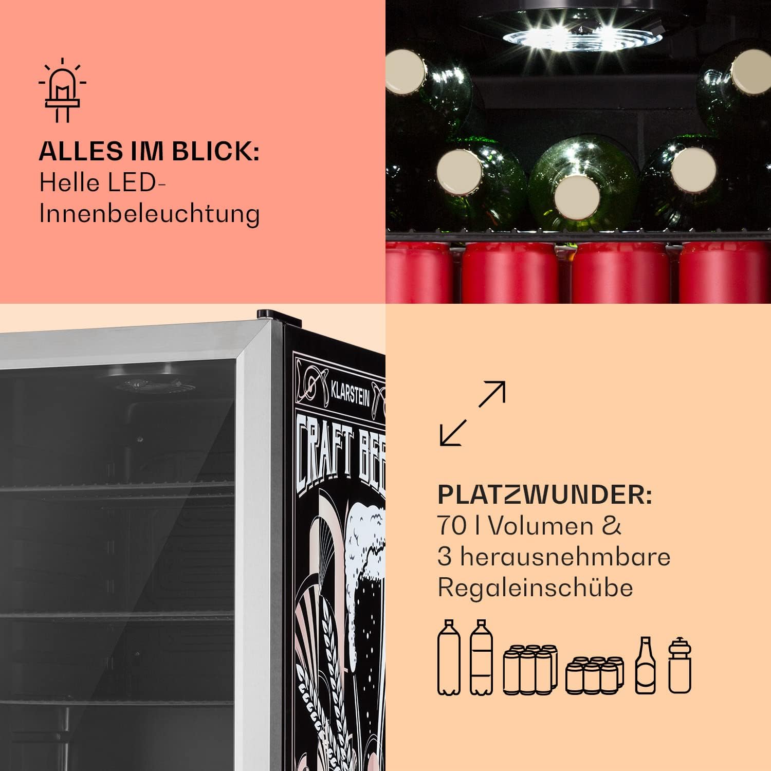 Klarstein Kühlschrank 70L, Kleiner Kühlschrank mit Herausnehmbaren Ablagen, Leiser Mini Kühlschrank mit Glastür & LED, Getränkekühlschrank Klein, Outdoor Geeignet, Biersafe für Flaschen, 0-10°C